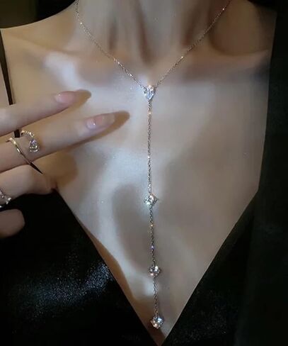 wekicici Long Rhinestone Necklace Y Teardrop Necklace Sparkly Crystal Tassel Pendant Long Chain Silver Necklace for Women Girls in Saudi Arabia