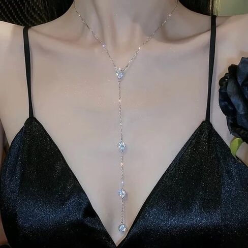 wekicici Long Rhinestone Necklace Y Teardrop Necklace Sparkly Crystal Tassel Pendant Long Chain Silver Necklace for Women Girls in Saudi Arabia