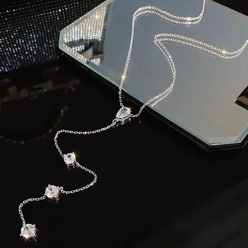 wekicici Long Rhinestone Necklace Y Teardrop Necklace Sparkly Crystal Tassel Pendant Long Chain Silver Necklace for Women Girls in Saudi Arabia