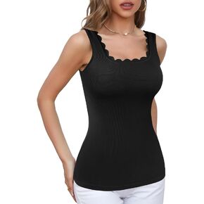 V FOR CITY Built in Bras Tank Top for Women Cute Scallop Trim Camisole Summer Going Out Top Basic Cami Shirt