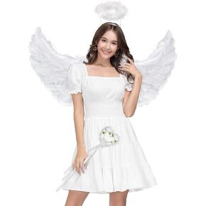 Latocos Angel Wings and Halo الكبار أجنحة الملاك البيضاء للأطفال مع عصا الهالوين زي اللباس التظاهري للنساء الفتيات الأولاد in Kuwait