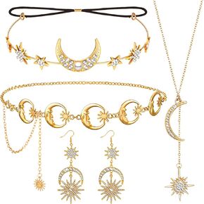 4 Pcs Moon Jewelry Set Sun Stars Moon Drop Earrings Crystal Moon Star Necklaces Gold Moon Star Metal Waist Chain Boho Moon Head Chain Headpiece Halloween Accessories for Women in Kuwait
