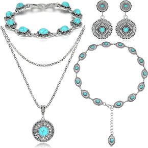 مجوهرات غربية للنساء، مجموعة مجوهرات فيروزية بوهيمية مكونة من 4 قطع، قلادة فيروزية، أحزمة غربية، أقراط وسوار فيروزي عتيق، مجوهرات بوهو فيروزية للنساء in Kuwait