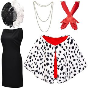 Z-Shop Halloween Costumes for Womens - Dalmatian Shawl, Fancy Dress Cosplay,Red Gloves,Black White Wig, long Holder, Pearl Necklace,L in Kuwait