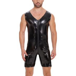 xokesy Men Sexy Leather Bodysuit, Zipper Open Crotch, Glossy PVC Leather, Shiny Latex Leotard Crotchless