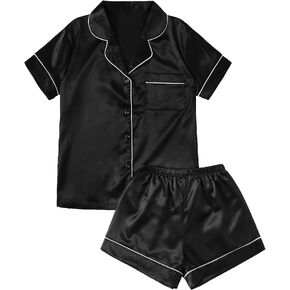 SweatyRocks Women's Short Sleeve Sleepwear Button Down Satin 2 Piece Pajama Set in Saudi Arabia