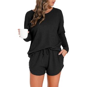 PrinStory Pajamas Set for Women Waffle Knit Lounge Set 2 Piece Outfits Loungewear Sweatsuit with Pockets