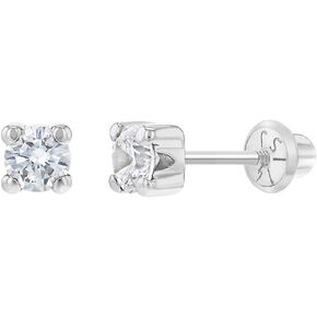 14k White Gold Girl's Clear Cubic Zirconia Prong Set Solitaire Screw Back Earring Studs - Small Elegant Round Screw Back Earring Set for Infants and Toddlers in Saudi Arabia