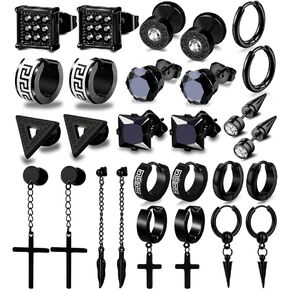 14 زوج من اقراط الستانلس ستيل للرجال - تصميم صليب اسود عصري - اقراط تيتانيوم مضادة للحساسية - مناسبة لجميع المناسبات، ستانلس ستيل، زركونيا مكعب in Kuwait