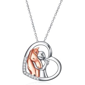 YFN Horse Pendant Necklace Jewelry 925 Sterling Silver Girls Embrace Horse Gift For Women Girls (Horse with Girl Necklace)