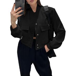 Fisoew Womens Cropped Bomber Jackets Casual Button Down Long Sleeve Stand Collar Coats with Pockets