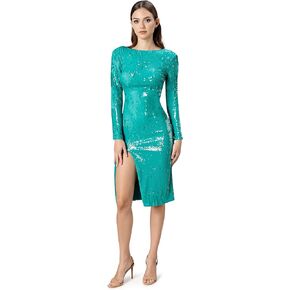 Dress the Population Women's Natalie Long Sleeve Round Neck Front Side Slit Bodycon Midi Dress in Kuwait