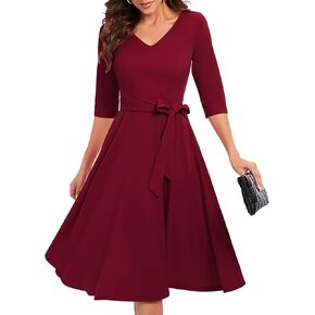 Bbonlinedress Women Casual Vintage Tea Dress Cocktail Prom Midi Church Dresses, V-Neck 3/4 Sleeves Dress