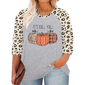 Plus Size Halloween Pumpkin Shirt Women 3/4 Sleeve Tops Its Fall Yall Print Tshirt Thanksgiving Gift