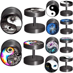 FLYUN Fake Gauges, 6Pairs Mens Earrings for Men, Faux Plugs Fake Gauge Earrings Black Stud Surgical Steel Screw Flat Back Punk Earrings Hypoallergenic 18G/1MM