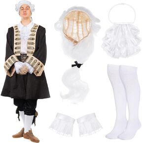 Funtery Halloween الاستعماري الأبيض زي مجموعة الاستعمارية للجنسين الدانتيل Jabot طوق والأصفاد التاريخية الاستعمارية مسحوق شعر مستعار مع ذيل حصان الركبة الأبيض متماسكة الجوارب الاستعمارية للبالغين الأطفال in Saudi Arabia