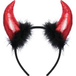 Glitter Halloween Devil Horns Headband With Fur Devil Costume Accessory Festive Hairband for Women Gilrs Fancy Dress Party Cosplay, Red Horns in Kuwait