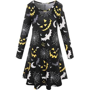 Aphratti Women's Long Sleeve Halloween Print Swing Short Dress Cute Costume Tunic Dresses for Parties