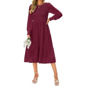 فستان Zattcas النسائي 2023 بأكمام طويلة للخريف ذو صدرية وأصفاد سويسرية منقط بياقة دائرية وطبقات متواضعة غير رسمية فستان ميدي للعمل in Kuwait