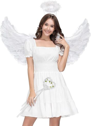 Latocos Angel Wings and Halo الكبار أجنحة الملاك البيضاء للأطفال مع عصا الهالوين زي اللباس التظاهري للنساء الفتيات الأولاد in Kuwait