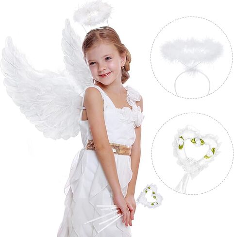 Latocos Angel Wings and Halo الكبار أجنحة الملاك البيضاء للأطفال مع عصا الهالوين زي اللباس التظاهري للنساء الفتيات الأولاد in Kuwait