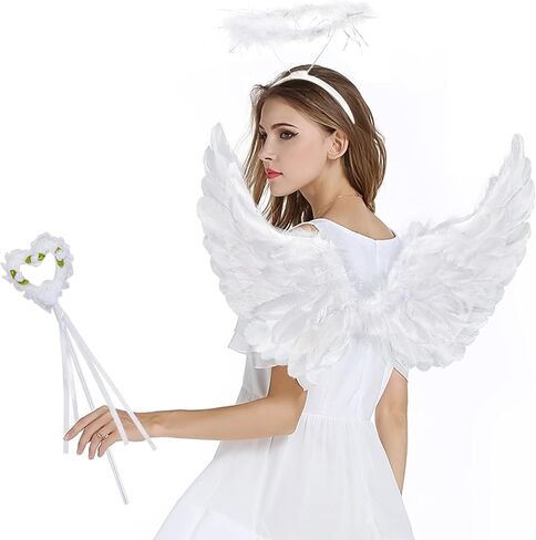 Latocos Angel Wings and Halo الكبار أجنحة الملاك البيضاء للأطفال مع عصا الهالوين زي اللباس التظاهري للنساء الفتيات الأولاد in Kuwait
