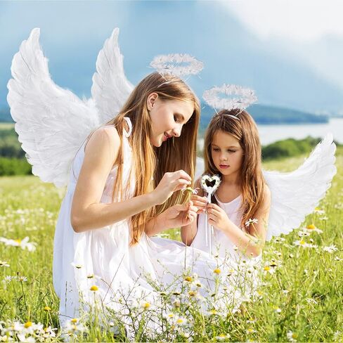Latocos Angel Wings and Halo الكبار أجنحة الملاك البيضاء للأطفال مع عصا الهالوين زي اللباس التظاهري للنساء الفتيات الأولاد in Kuwait