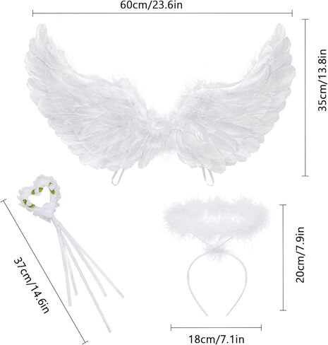 Latocos Angel Wings and Halo الكبار أجنحة الملاك البيضاء للأطفال مع عصا الهالوين زي اللباس التظاهري للنساء الفتيات الأولاد in Kuwait