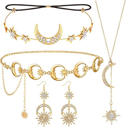 4 Pcs Moon Jewelry Set Sun Stars Moon Drop Earrings Crystal Moon Star Necklaces Gold Moon Star Metal Waist Chain Boho Moon Head Chain Headpiece Halloween Accessories for Women in Kuwait