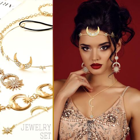 4 Pcs Moon Jewelry Set Sun Stars Moon Drop Earrings Crystal Moon Star Necklaces Gold Moon Star Metal Waist Chain Boho Moon Head Chain Headpiece Halloween Accessories for Women in Kuwait