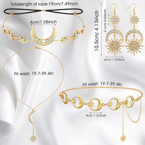 4 Pcs Moon Jewelry Set Sun Stars Moon Drop Earrings Crystal Moon Star Necklaces Gold Moon Star Metal Waist Chain Boho Moon Head Chain Headpiece Halloween Accessories for Women in Kuwait