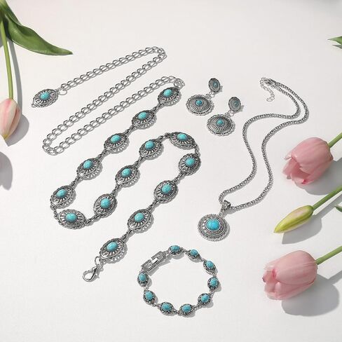 مجوهرات غربية للنساء، مجموعة مجوهرات فيروزية بوهيمية مكونة من 4 قطع، قلادة فيروزية، أحزمة غربية، أقراط وسوار فيروزي عتيق، مجوهرات بوهو فيروزية للنساء in Kuwait