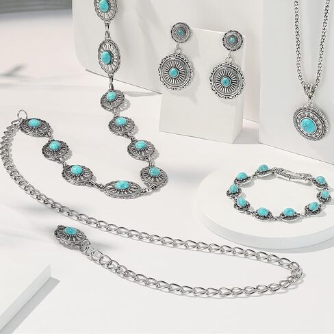 مجوهرات غربية للنساء، مجموعة مجوهرات فيروزية بوهيمية مكونة من 4 قطع، قلادة فيروزية، أحزمة غربية، أقراط وسوار فيروزي عتيق، مجوهرات بوهو فيروزية للنساء in Kuwait