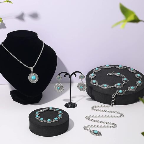 مجوهرات غربية للنساء، مجموعة مجوهرات فيروزية بوهيمية مكونة من 4 قطع، قلادة فيروزية، أحزمة غربية، أقراط وسوار فيروزي عتيق، مجوهرات بوهو فيروزية للنساء in Kuwait