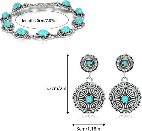 مجوهرات غربية للنساء، مجموعة مجوهرات فيروزية بوهيمية مكونة من 4 قطع، قلادة فيروزية، أحزمة غربية، أقراط وسوار فيروزي عتيق، مجوهرات بوهو فيروزية للنساء in Kuwait