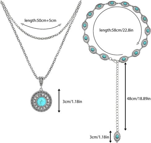 مجوهرات غربية للنساء، مجموعة مجوهرات فيروزية بوهيمية مكونة من 4 قطع، قلادة فيروزية، أحزمة غربية، أقراط وسوار فيروزي عتيق، مجوهرات بوهو فيروزية للنساء in Kuwait