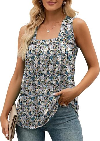 AKEWEI Summer Tank Top for Women Square Neck Sleeveless Tops Flowy Pleated Tunic Loose Fit S-3XL in Kuwait