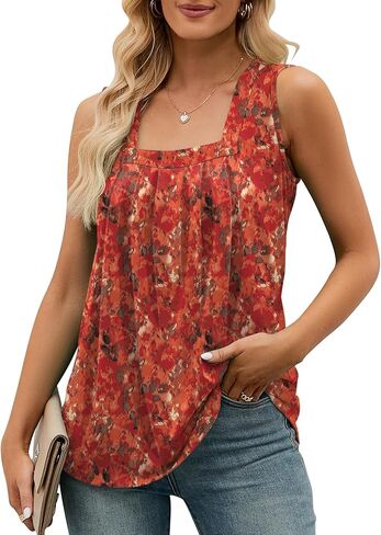 AKEWEI Summer Tank Top for Women Square Neck Sleeveless Tops Flowy Pleated Tunic Loose Fit S-3XL in Kuwait