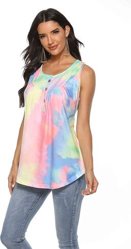 Famulily Women's Flowy Tank Tops Summer Sleeveless Loose Fit Pleated Tunic Shirts in Kuwait