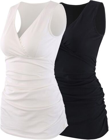 Nursing Maternity Top, Pregnant Breastfeeding Shirt, Women's Cotton V Neck Ruched Waist Double Layered Postpartum Tank in Saudi Arabia