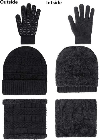 مجموعة قفازات وشاح قبعة صغيرة للرجال والنساء، قبعات صغيرة من الصوف، تدفئة الرقبة، تدفئة الأذن وقفازات متماسكة تعمل باللمس in Kuwait