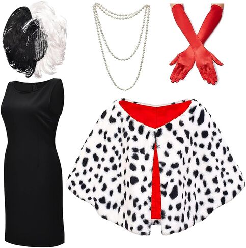 Z-Shop Halloween Costumes for Womens - Dalmatian Shawl, Fancy Dress Cosplay,Red Gloves,Black White Wig, long Holder, Pearl Necklace,L in Kuwait