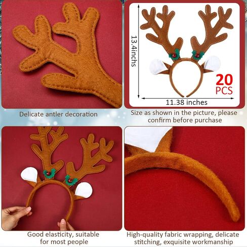 Yunsailing 20 Pcs Reindeer Antlers Headband Bulk Christmas Deer Antlers Headbands Reindeer Antler Headpiece Deer Costume Headwear for Adults and Kids Christmas Party Cosplay Decoration in Saudi Arabia