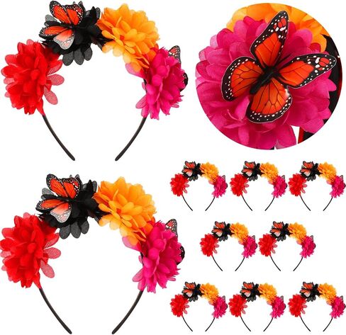 Hotop 10 Pcs Day of the Dead Headband Oktoberfest Marigold Flowers Crown Headband Headpiece with Butterfly for Halloween Costume Dia De Los Muertos Day Festival Weddings Christmas Mexican Party in Saudi Arabia