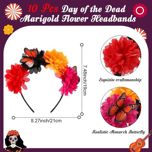 Hotop 10 Pcs Day of the Dead Headband Oktoberfest Marigold Flowers Crown Headband Headpiece with Butterfly for Halloween Costume Dia De Los Muertos Day Festival Weddings Christmas Mexican Party in Saudi Arabia