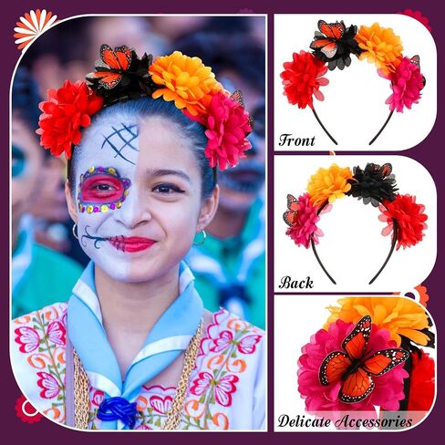 Hotop 10 Pcs Day of the Dead Headband Oktoberfest Marigold Flowers Crown Headband Headpiece with Butterfly for Halloween Costume Dia De Los Muertos Day Festival Weddings Christmas Mexican Party in Saudi Arabia