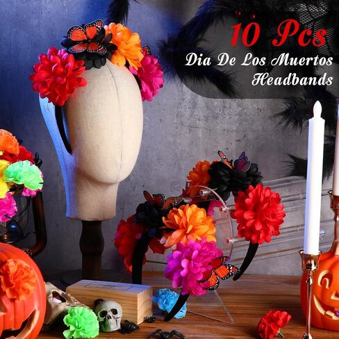 Hotop 10 Pcs Day of the Dead Headband Oktoberfest Marigold Flowers Crown Headband Headpiece with Butterfly for Halloween Costume Dia De Los Muertos Day Festival Weddings Christmas Mexican Party in Saudi Arabia