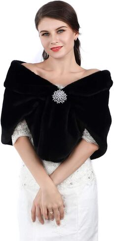 Aukmla Women's Wedding Faux Fur Shawls and Wraps Bridal Fur Scarf Stoles with Rhinestones Brooch for Bride and Bridesmaids in Kuwait