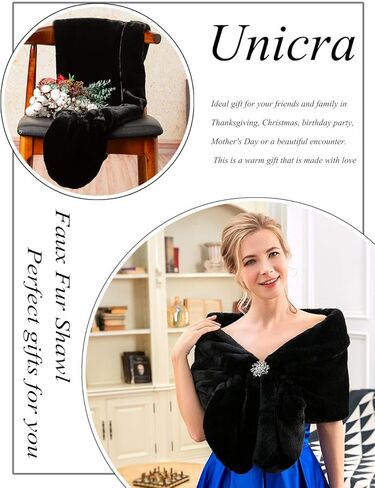 Aukmla Women's Wedding Faux Fur Shawls and Wraps Bridal Fur Scarf Stoles with Rhinestones Brooch for Bride and Bridesmaids in Kuwait