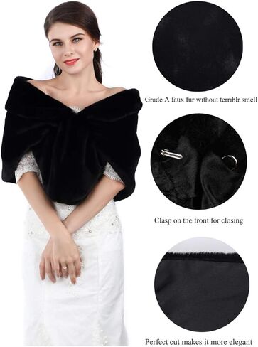 Aukmla Women's Wedding Faux Fur Shawls and Wraps Bridal Fur Scarf Stoles with Rhinestones Brooch for Bride and Bridesmaids in Kuwait